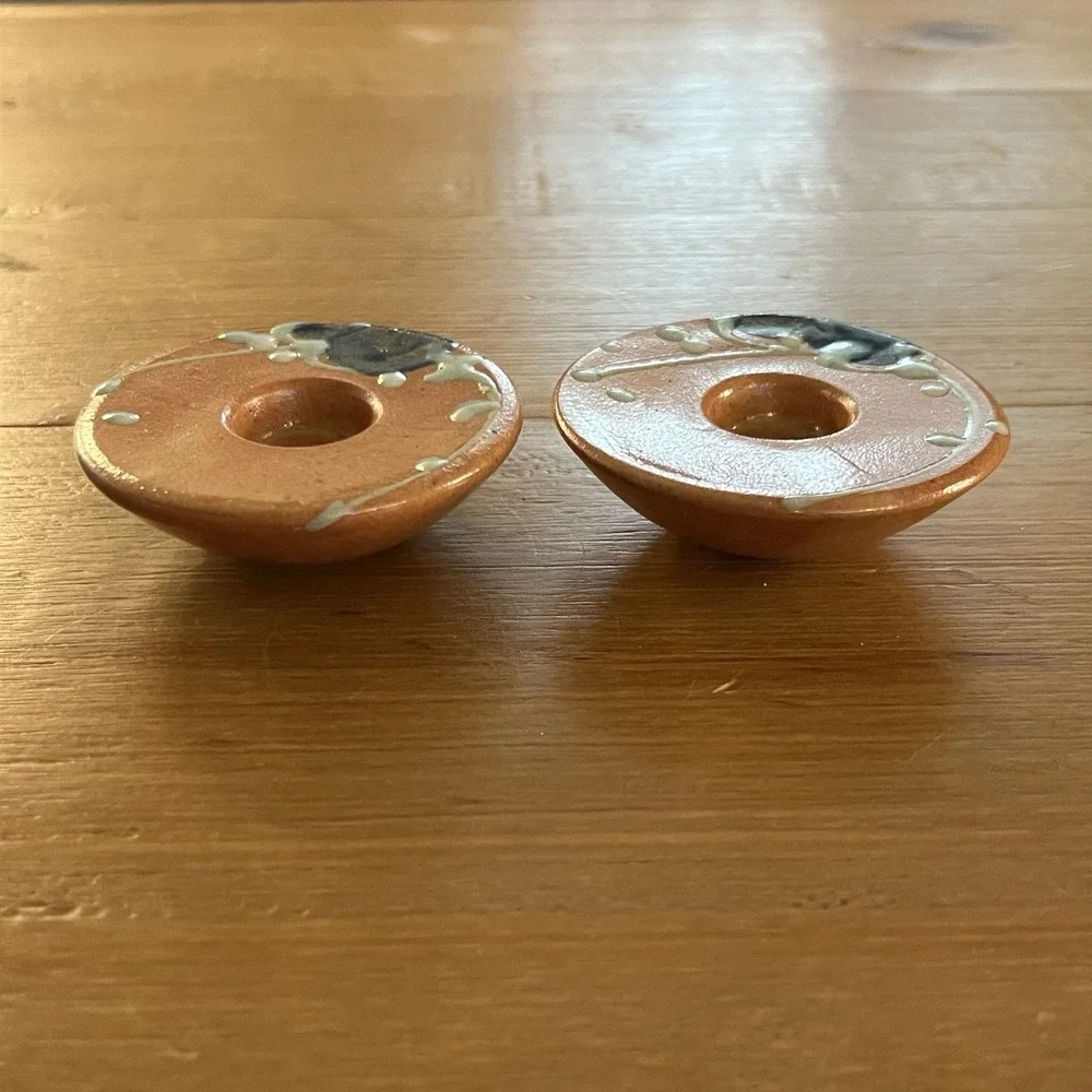 Vintage German Pottery Candle Holders Pair Orange Blue Floral Handmade Decor Set